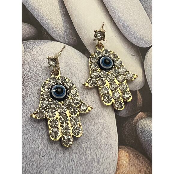Evil Eye Gold Tone Crystal Dangle Earrings - Picture 2 of 3